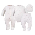 Baby set: bodysuit, footed pants, hat and floral cream sleepsuit