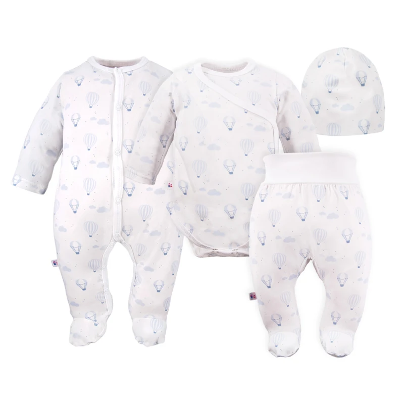 Baby set: bodysuit, footed pants, hat and white sleepsuit with blue balloons