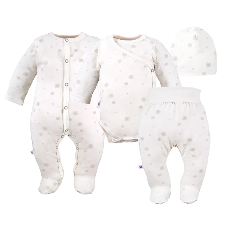 Baby set: bodysuit, footed pants, hat and ecru sleepsuit with teddy bears