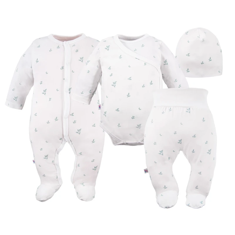 Baby set: bodysuit, footed pants, hat and white sleepsuit with leaf pattern