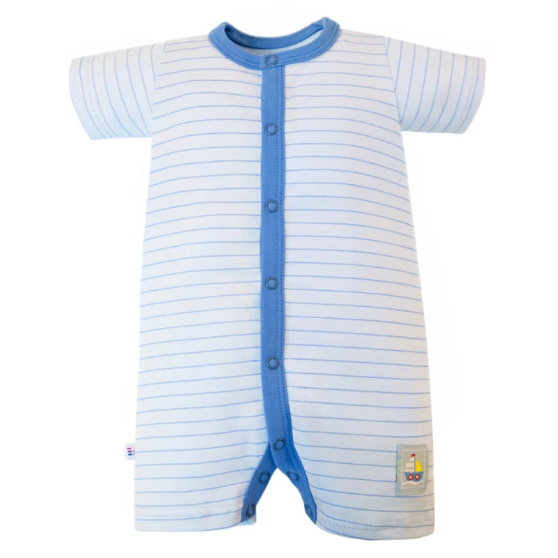 White baby romper with blue stripes
