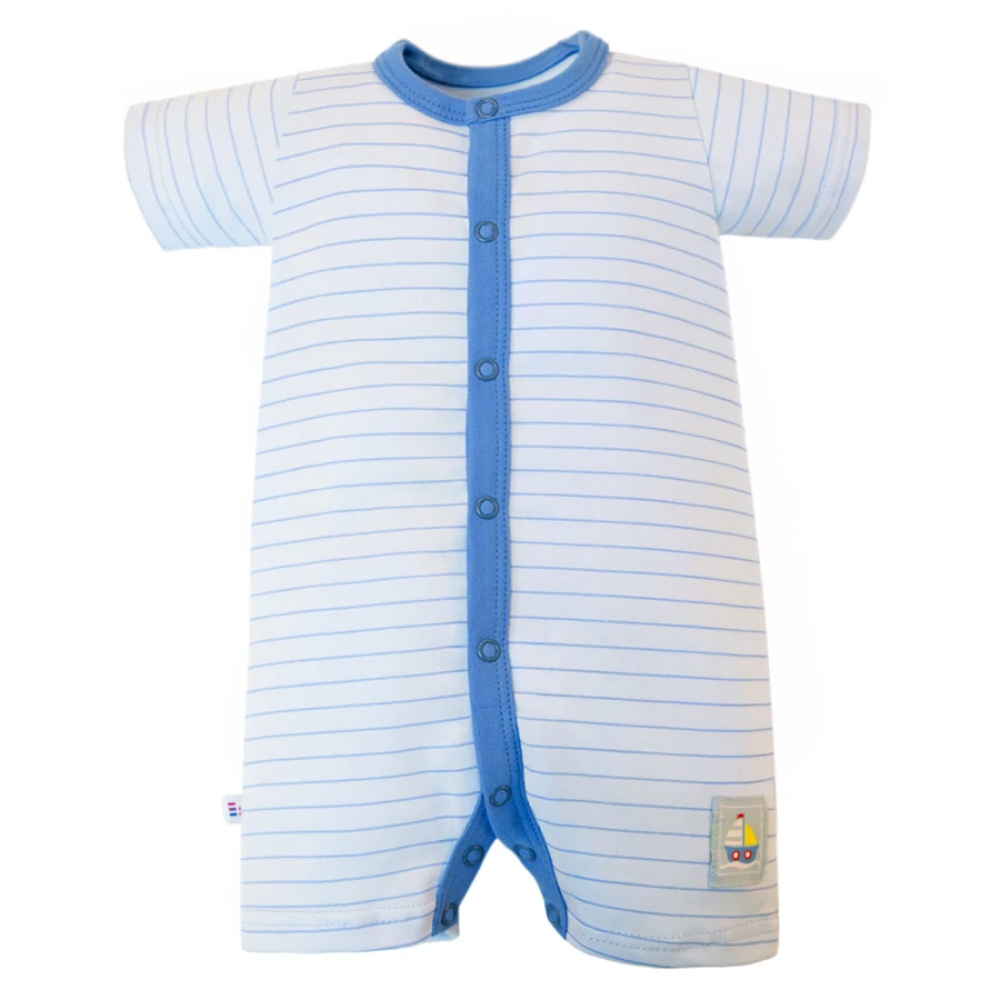 White baby romper with blue stripes