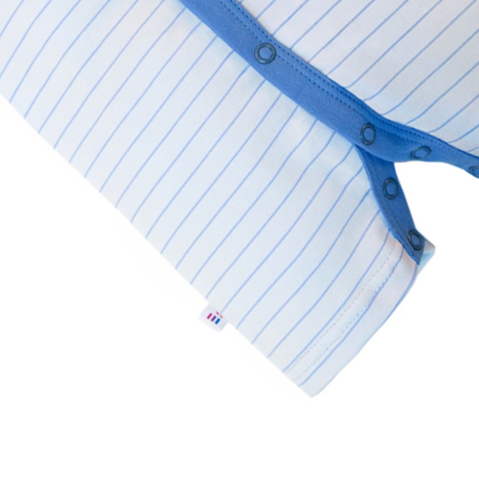 White baby romper with blue stripes