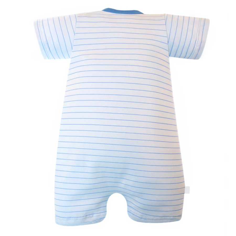 White baby romper with blue stripes