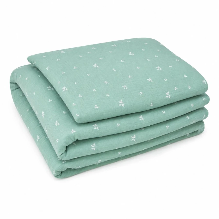 Muslin bedding set with filling green with leaves