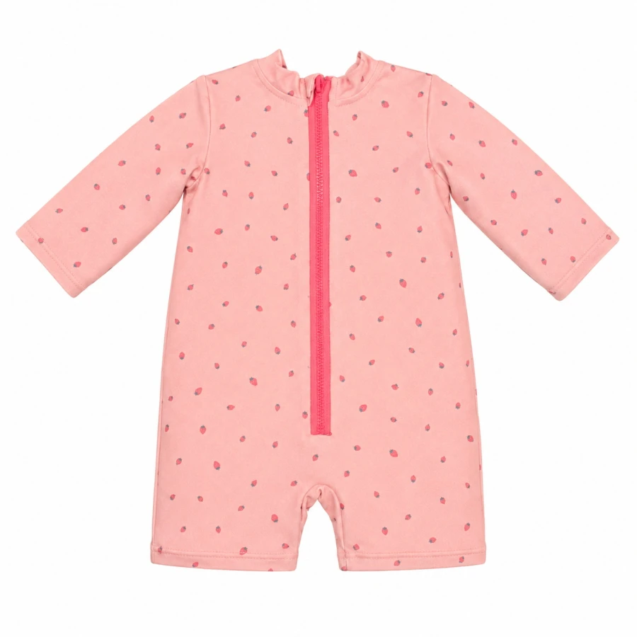 UV romper pink with strawberries