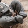 Grey striped baby romper with feet and hedgehog embroidery