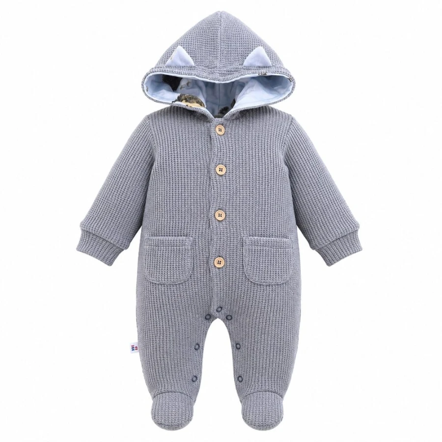 Blue knitted baby romper with hood