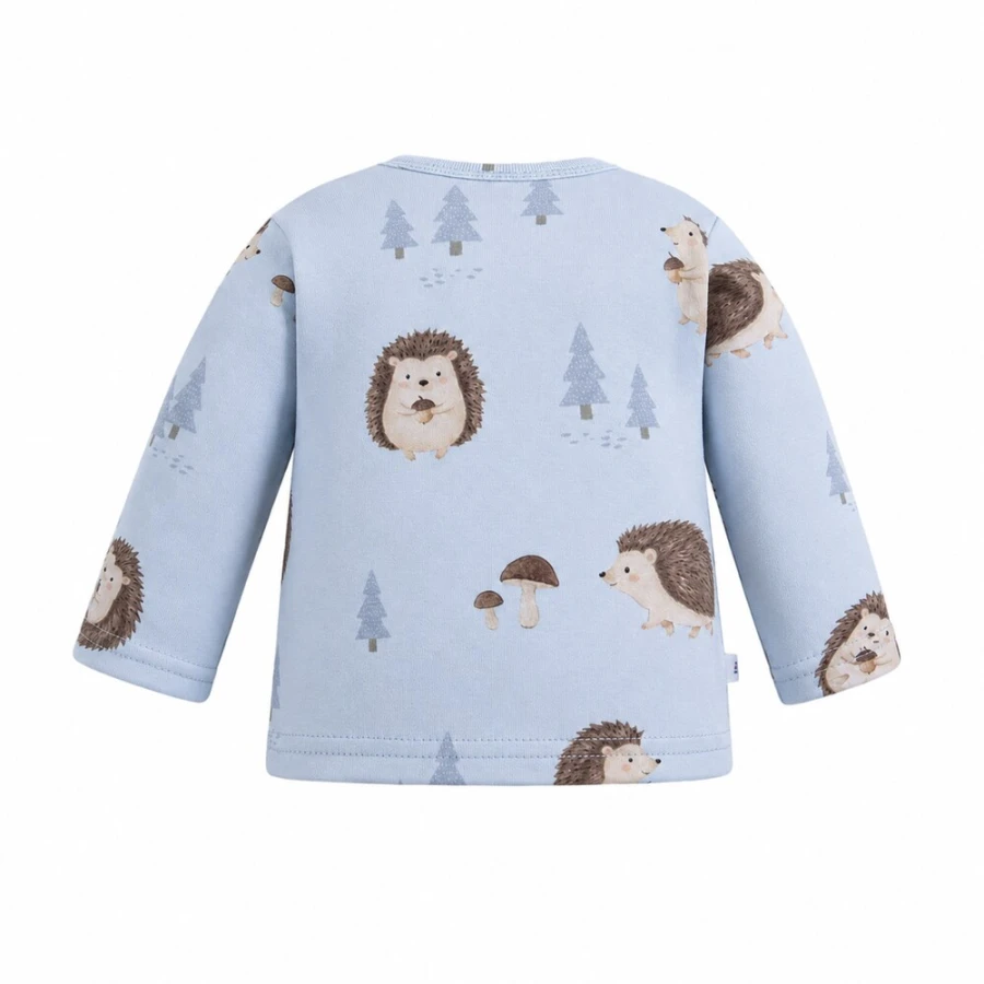Blue baby kimono bodysuit with hedgehogs