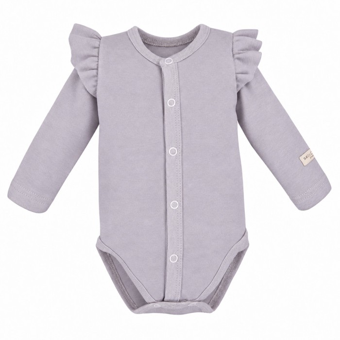 Grey baby bodysuit with ruffles and full front opening