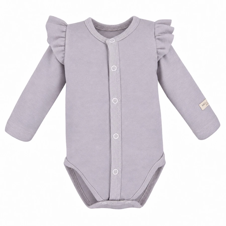 Grey baby bodysuit with ruffles and full front opening