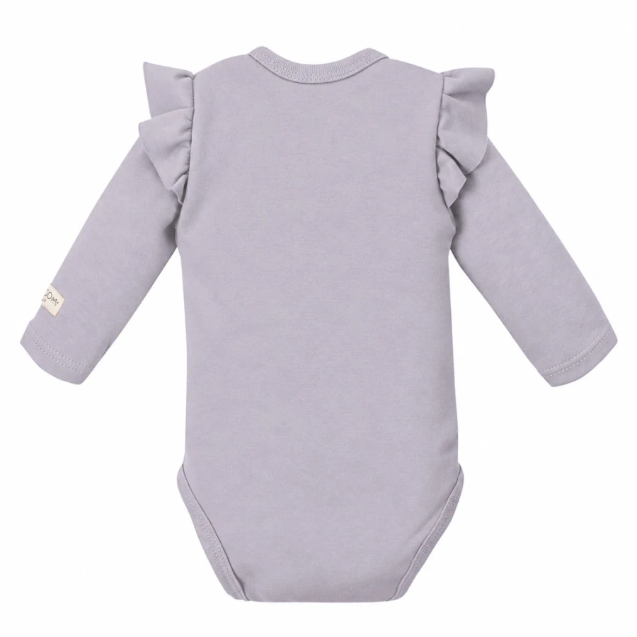 Grey baby bodysuit with ruffles and full front opening