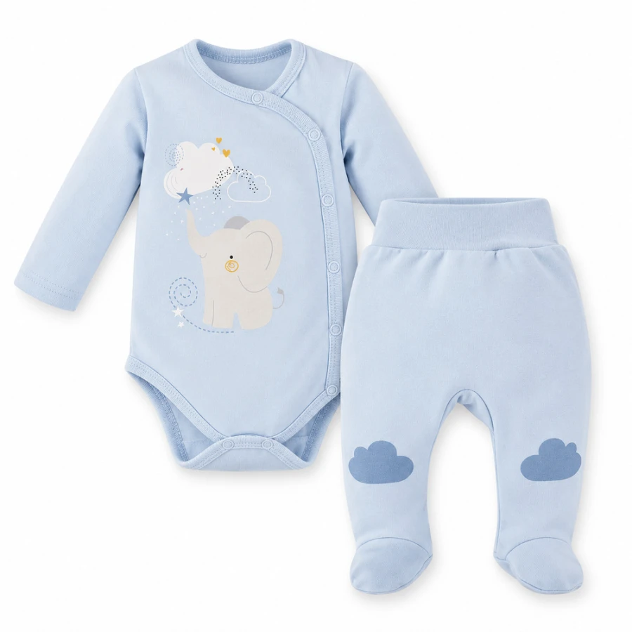 Mellow Baby Set – Wrap Bodysuit and Footed Pants, Blue