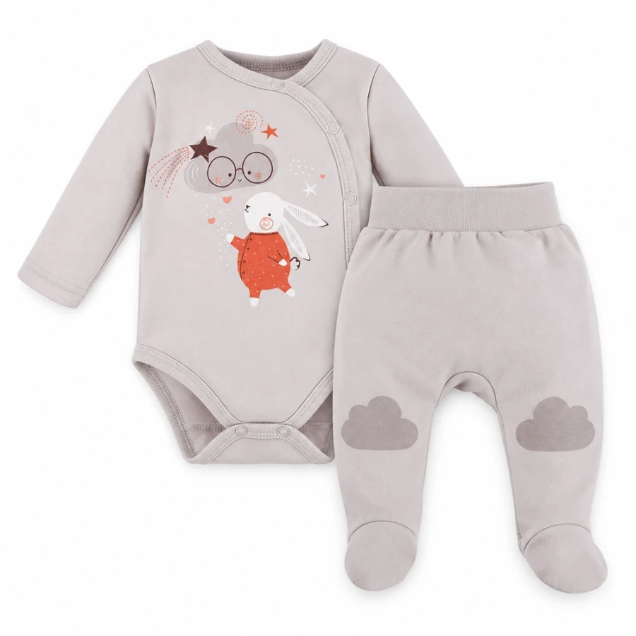 Mellow Baby Set – Wrap Bodysuit and Footed Pants, Grey