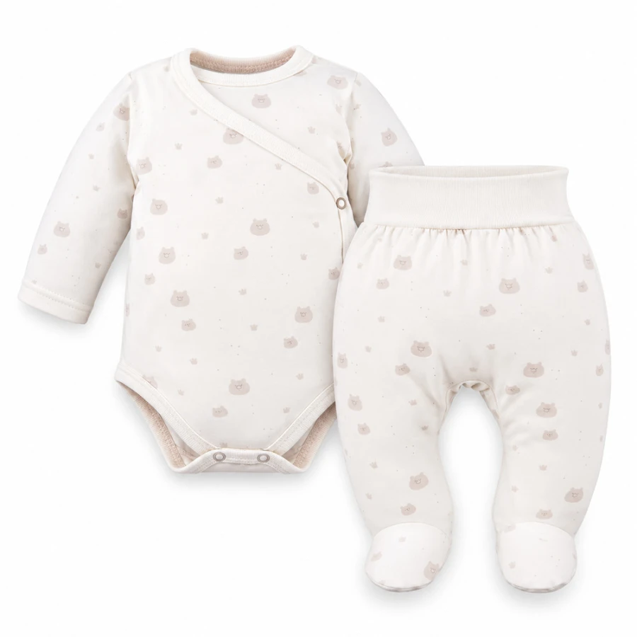 Petite Baby Set – Ecru Wrap Bodysuit and Footed Pants with Teddy Bears