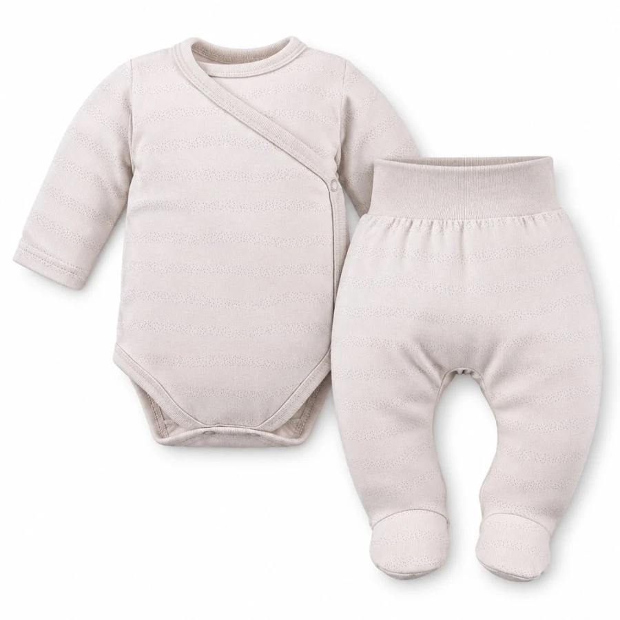Petite Baby Set – Beige Wrap Bodysuit and Footed Pants with a Delicate Pattern