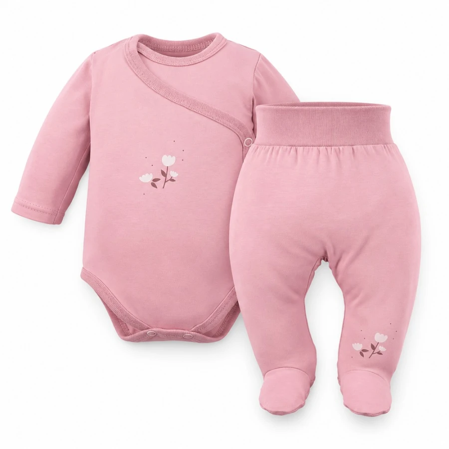 Petite Baby Set – Pink Wrap Bodysuit and Footed Pants with a Floral Motif
