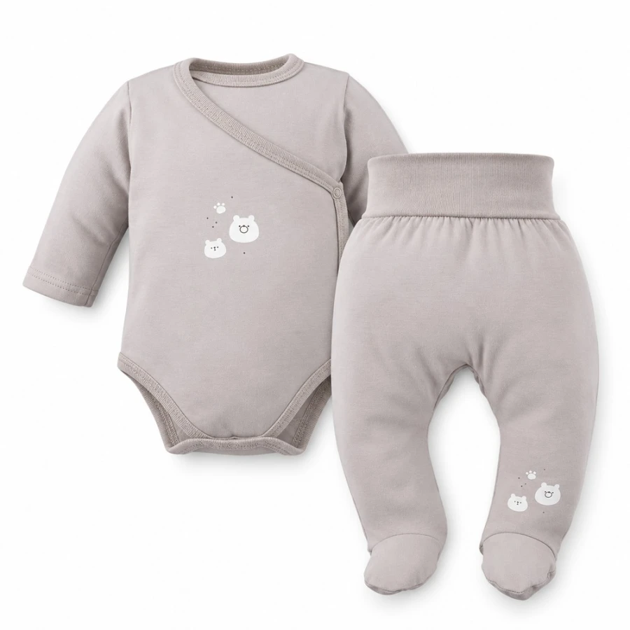 Petite Baby Set – Beige Wrap Bodysuit and Footed Pants with Teddy Bear Motif