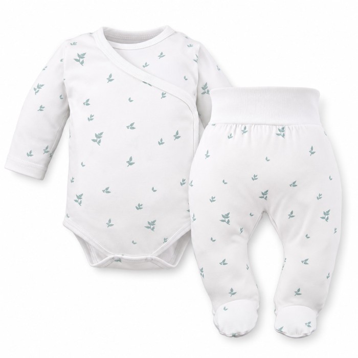 Petite Baby Set – White Wrap Bodysuit and Footed Pants with Green Leaves