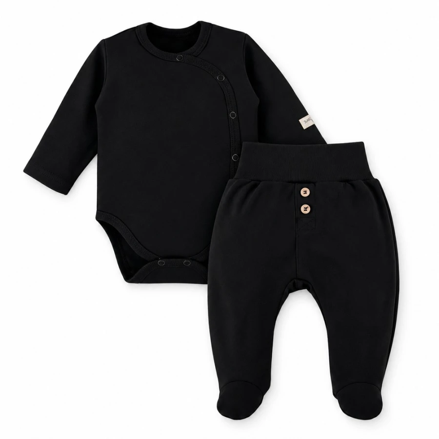 Black Baby Set with Wrap Bodysuit and Footed Pants