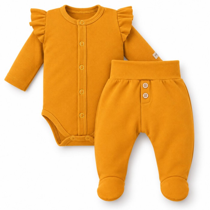 Honey-Colored Baby Set with Ruffled Bodysuit and Footed Pants