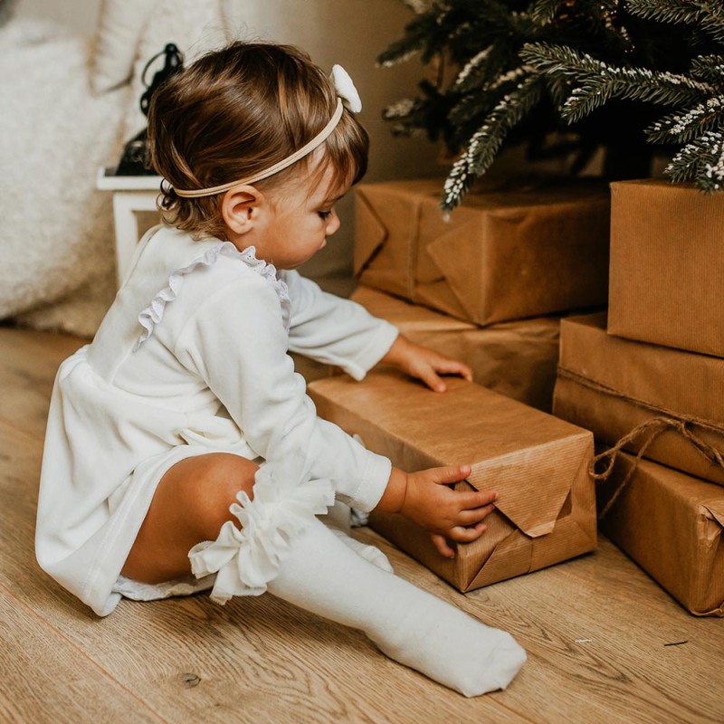 Sukienka dziewczęca welurowa z falbankami ecru