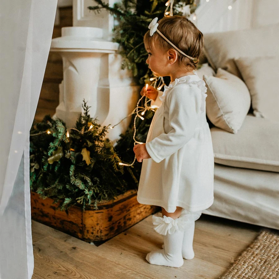 Velvet dress with frills ecru
