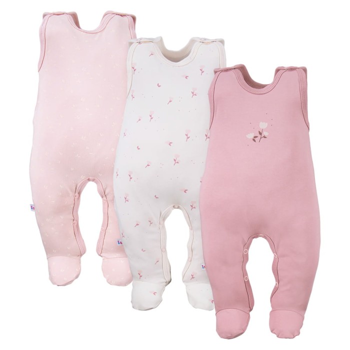 3-pack romper suit pink with flower pattern