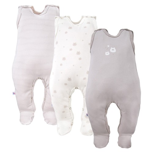 3-pack romper suit beige with teddy bears pattern