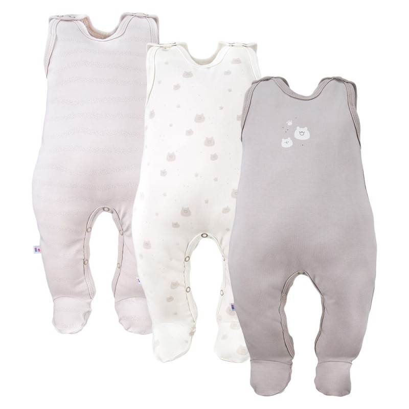 3-pack romper suit beige with teddy bears pattern
