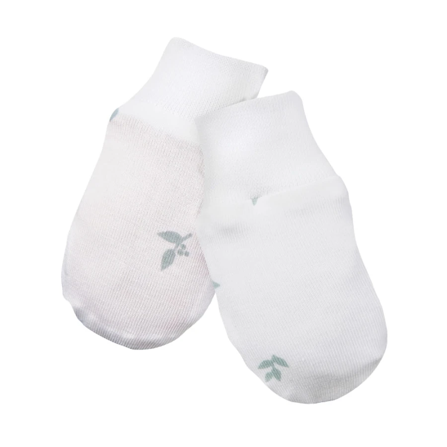Baby gloves white with leaves pattern