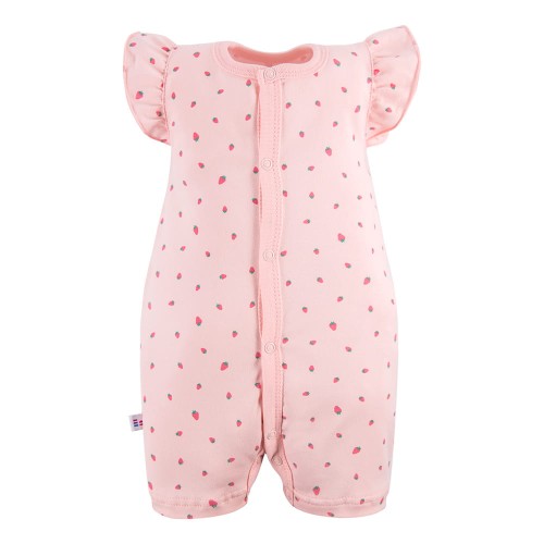 Romper suit with strawberry print coral